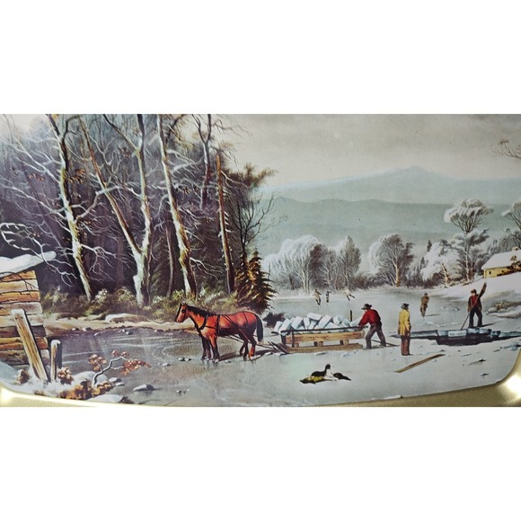 Vintage Currier and Ives Tin Tray Getting Ice Serving Tray Cottage Core SEE - Picture 2 of 11